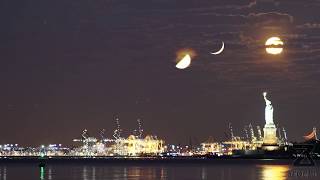 Three Moons and a Statue  A MoonStack Timelapse of the crescent moon half full and full moon [upl. by Ninaj]