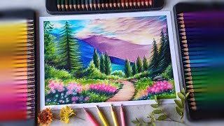 Beautiful scenery drawing with brustro coloured pencils  drawing and arts uday  nature scenery [upl. by Loree]