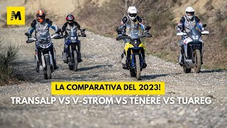 Maxi Enduro 2023 COMPARATIVA Honda Transalp Suzuki VStrom 800 Yamaha Ténéré Aprilia Tuareg [upl. by Kilmarx370]