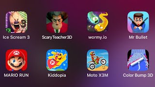 Ice Scream 3 Scary Teacher 3D wormyio Mr Bullet MARIO RUN Kiddopia Moto X3M Color Bump 3D [upl. by Aivata]