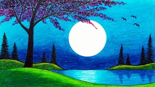 How to Draw Beautiful Moonlight Over the Lake Scenery  Oil Pastels Scenery Drawing [upl. by Ariaec]