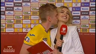 A footballer Zinchenko kissed a female reporter after his national team Ukraine won over Serbia [upl. by Annayrb]