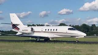 Cessna Latitude 680 N695QS taxi and takeoff at KGMU Greenville Downtown Airport [upl. by Naanac769]