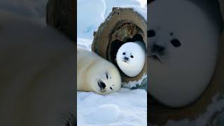 Closeup camera of the survival of harp seal pups with their mother in the harsh Arctic region [upl. by Pratte552]