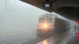 Trains in dense fog  Arrivals and departures at Lonavala [upl. by Annaynek]