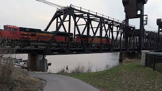 BNSF Northbound Train with Executive DPU Flying Over the St Croix Lift Bridge in Prescott WI bnsf [upl. by Anelahs908]