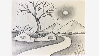 Simple landscape scenery drawing with pencil  you can draw this easily [upl. by Nolyk]