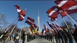 Latvia Waffen SS veterans commemorative march in Riga [upl. by Sivi]