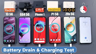 cmf phone 1 battery drain amp charging test vs Redmi 13 5GiQoo Z9xRealme P1Moto g64 5g [upl. by Oeramed501]