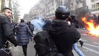 Car set ablaze bank attacked traffic blocked Paris Riot Police react to control protestors Feb 11 [upl. by Verner]