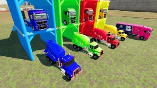 TRANSPORTING COLORED CONCRETE MIXER TRUCKLOGISTIC TRUCK TO GARAGE WITH TRANSPORTER TRUCK [upl. by Bornstein]