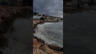 A stormy embrace between waves and the rocky shore 🌫️🌊 [upl. by Shelton690]