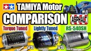 TAMIYA Brushed Motor ComparisonTORQUE amp LIGHTLY Tuned RS540SH ASPHALT ver TT02B Neo Scorcher [upl. by Ecinert]