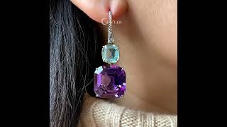 Asscher Cut AquamarineampAmethyst Sapphire Drop Earrings [upl. by Shutz]