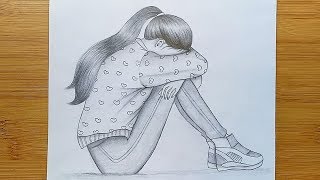 Draw Alone girl with pencil sketch How to draw a Sad Girl Step by step [upl. by Ardnassac160]