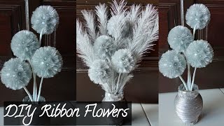 DIY Pompoms Flowers with Metallic Ribbon  Design Flowers with Ribbon [upl. by Llenrahc]