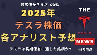 【テスラ株】2025年テスラ株価各アナリスト予想！最高値からまだ‐40％。テスラは長期保有に適した銘柄か [upl. by Nimref]