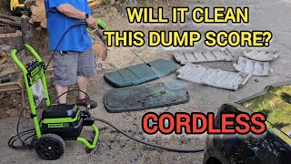 80v Greenworks cordless pressure washer test Cleaning up a rubbermaid dump score 82v compatible [upl. by Koralle]