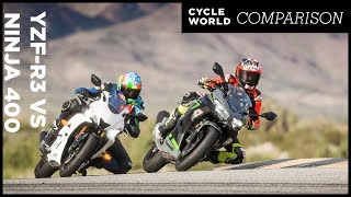 Yamaha YZFR3 vs Kawasaki Ninja 400  Small Sportbike Comparison [upl. by Cutty333]