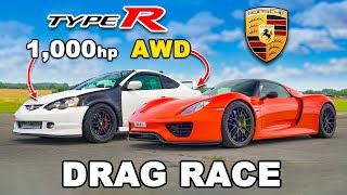 1000hp AWD Honda v Porsche 918 Spyder DRAG RACE [upl. by Anneh]