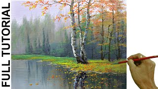 Acrylic Landscape Painting TUTORIAL  Birch Tree in Misty Forest  JMLisondra [upl. by Lemaj]