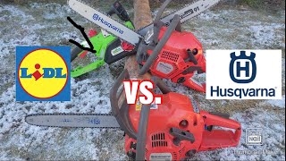 LIDL electric CHAINSAW vs HUSQVARNA hobby CHAINSAWS [upl. by Ennej795]