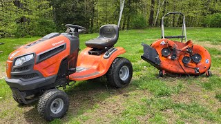 Husqvarna mower deck removal amp install [upl. by Llyrrad]