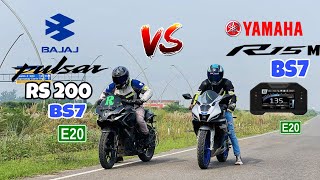 Bajaj pulsar rs 200 bs7 vs Yamaha R15m bs7  the battle never ends 😑  top end race [upl. by Namreg]