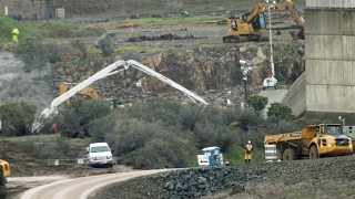 Trucks hauling boulders to Oroville Dam Spillway [upl. by Jasun]