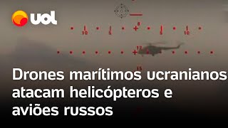 Guerra na Ucrânia drones marítimos ucranianos atacam helicópteros aviões e barcos russos vídeos [upl. by Wilbert]