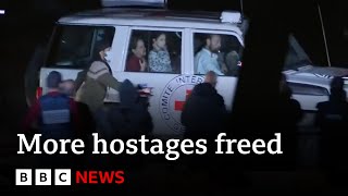 More Israeli hostages freed by Hamas in exchange for Palestinian prisoners – BBC News [upl. by Amii454]