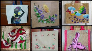 Hand painting designs collection on jute bags  beautiful hand paintings on bags [upl. by Aecila732]