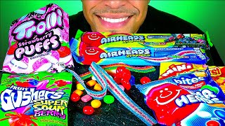 ASMR AIRHEADS XTREMES FRUIT GUSHERS TROLLI PUFFS STARBURST BITES MUKBANG EATING SOUNDS CANDY [upl. by Allicserp]