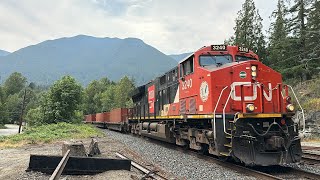 Bringing The Rain CN 102 Intermodal Train  Lake Errock BC Canada 21JUL24 ET44AC 3240 Leading [upl. by Thilda]