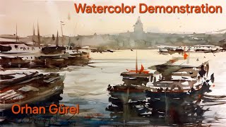 Watercolor Landscape Panting Demonstration  Artist Orhan Gürel  Istanbul View [upl. by Aluk]