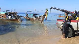 Truck Lifts Longtail Boat Engine  Klong Muang Beach Krabi Thailand 🇹🇭 [upl. by Zeitler]