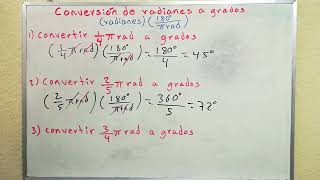 Conversión de radianes a grados Explicado paso a paso ejemplos 1 2 y 3 [upl. by Tanhya685]