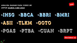 Analisa Saham 2 Mei 2024 IHSG BBCA BBRI BMRI ASII TLKM GOTO PGAS PTBA CUAN BRPT [upl. by Grethel247]