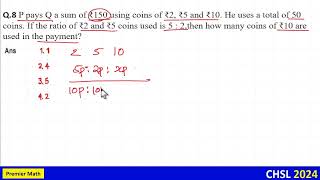 P pays Q a sum of ₹150 using coins of ₹2 ₹5 and ₹10 He uses a total of 50 coins If the ratio of ₹ [upl. by Lauro]