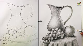 Still Life Drawing for Beginners Easy Step by Step with Pencil Shading  How To Draw a Jug Grapes [upl. by Erinn]