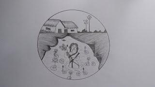 How to draw village girl  water lily collect scenery Drawing with Yesmin [upl. by Adriane]