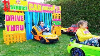 Ali and his little sister Pretend Play Car Wash Game Power wheels Ride on Car [upl. by Squire763]