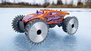 EXPERIMENT  Mega Saws Instead Of Wheels On a Very Fast 60KMh RadioControlled Car [upl. by Jules69]