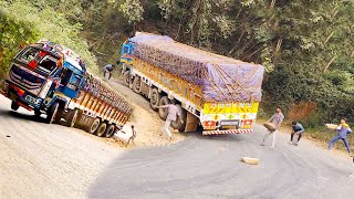 Heavy Loaded Truck Slips off the road  Crazy Truck Driver Unable to Turn at Hairpin Curve Ghat Road [upl. by Ritchie977]