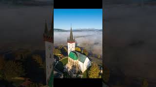 Aerial shot of Spissky Stvrtok medieval church during one of the autumn mornings spisskystvrtok [upl. by Tamarra]