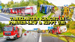 SCHWERER LKWUNFALL AUF A8  TANKLASTWAGEN KIPPT NACH CRASH MIT TRANSPORTER UM  FEUERWEHR [upl. by Ecaroh]