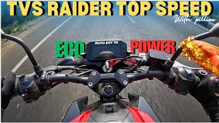 Tvs Raider 125 Top Speed Test with pillion in Eco amp Power Modemotoboyvk [upl. by Petrine]