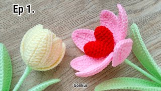 Ep1 Petals🌷Crochet Tulip Heart Flower Tutorial  Crochet Flower Bouquet crochetflower valentine [upl. by Ladnor]