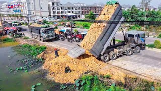 Perfectly Start New Project Landfill up by 12wheel truck unloading SoilRock with Dozer Pushing soil [upl. by Idur750]