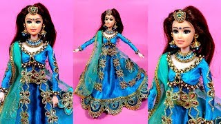 Barbie doll in INDO WESTERN Lehenga  How to make barbie lehenga  Barbie jewellery videos [upl. by Nerissa919]